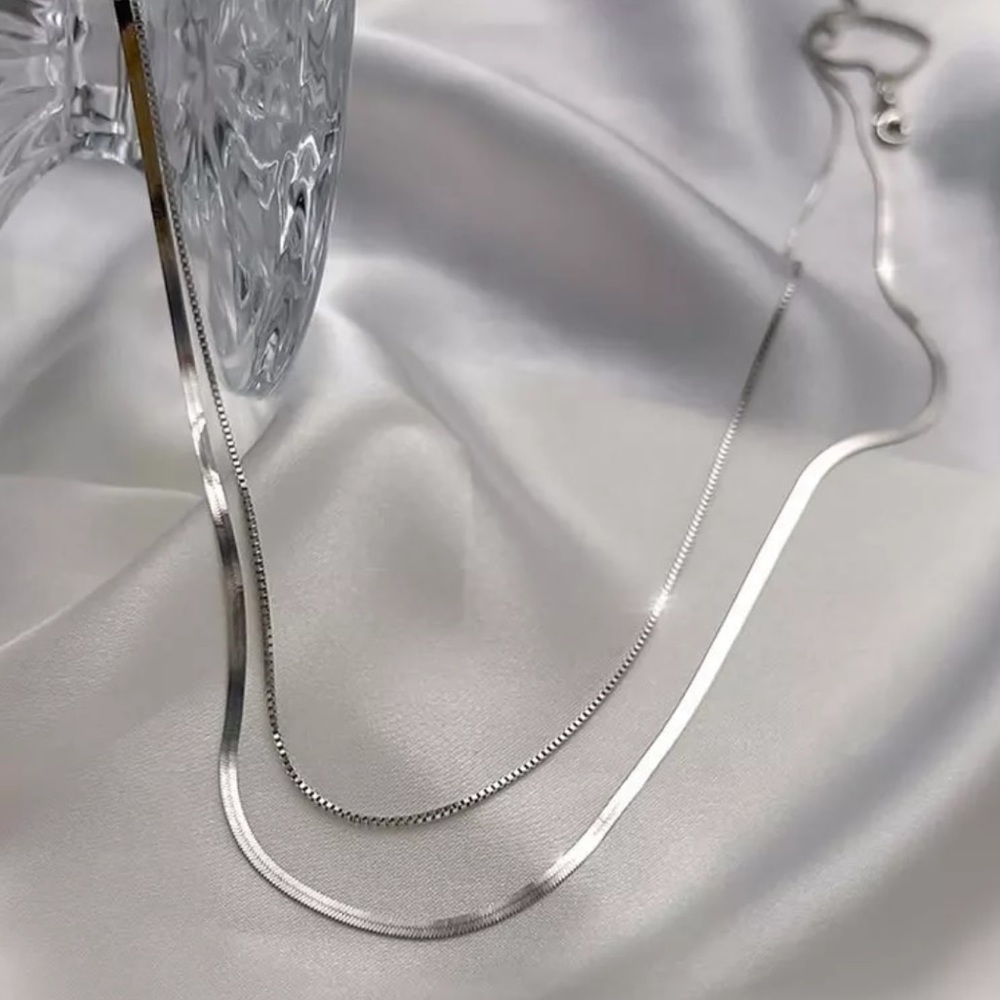 NEW 925 STERLING SILVER DOUBLE LAYER CHAIN NECKLACE,NICE NECKLACE,CUTE NECKLACE - Picture 3 of 4